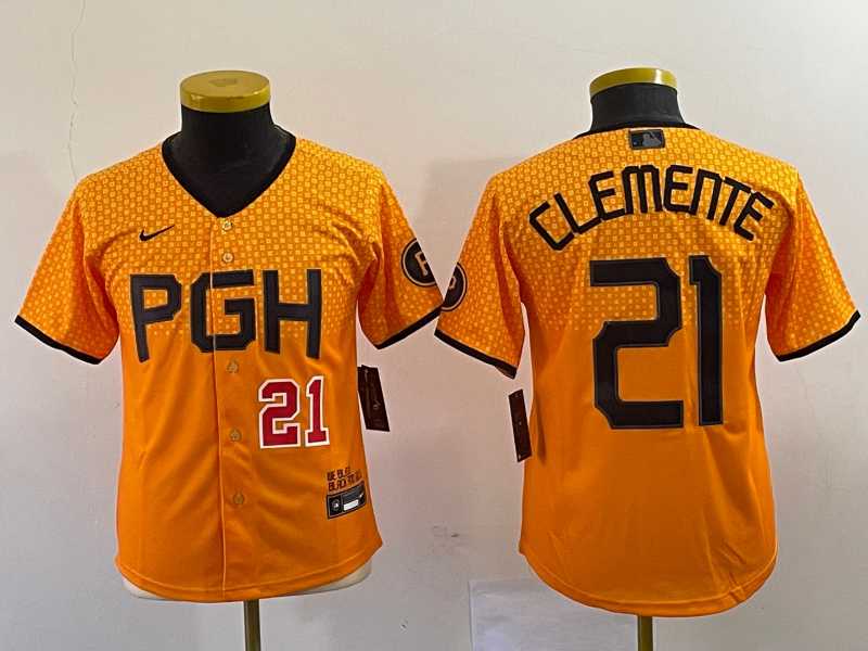 Youth Pittsburgh Pirates #21 Roberto Clemente Number Yellow 2023 City Connect Stitched Jersey,We sell and wholesale Youth Pittsburgh Pirates #21 Roberto Clemente Number Yellow 2023 City Connect Stitched Jersey on line form chian!
